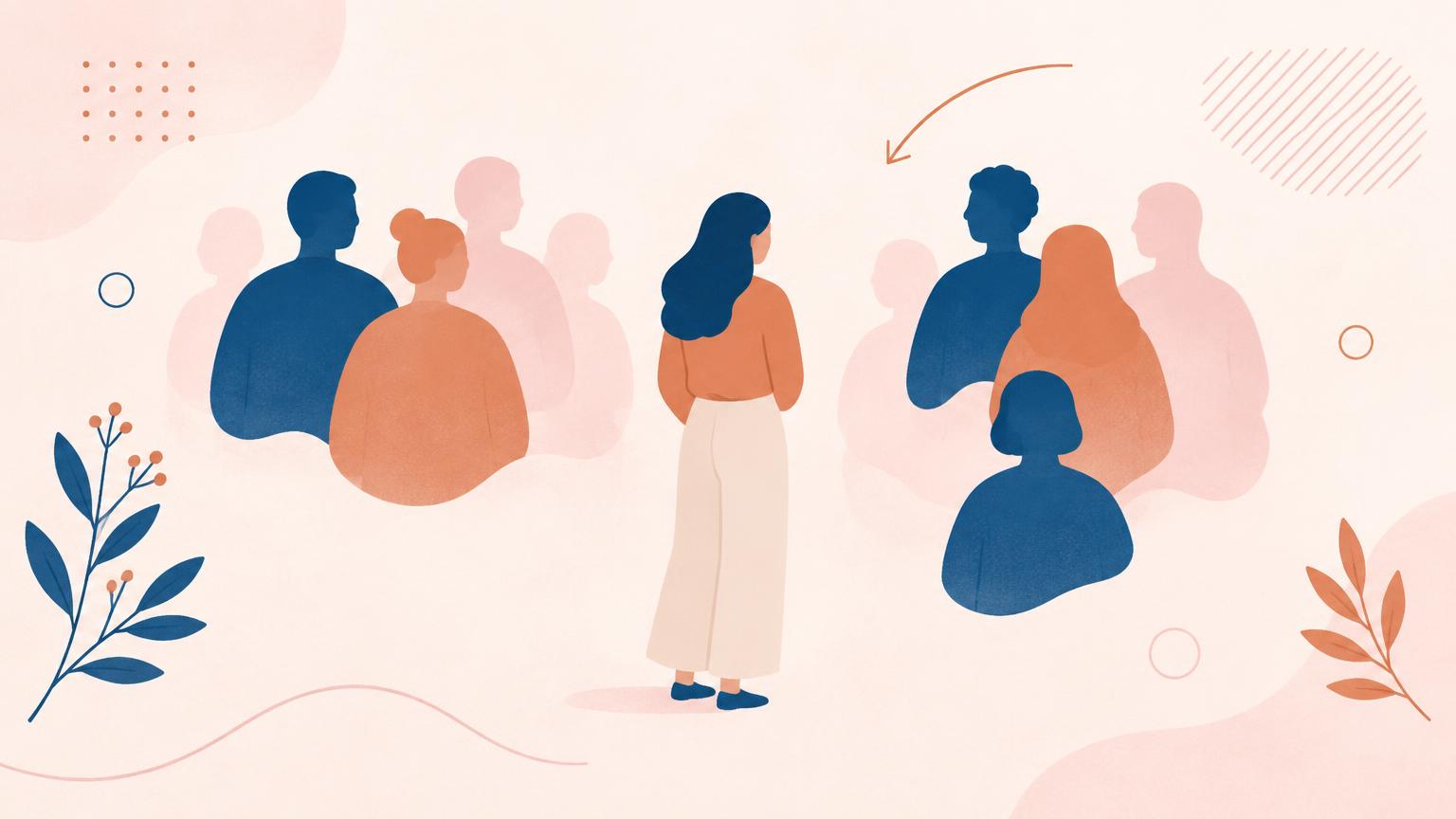 Illustrazione editoriale di una donna vista da dietro davanti a figure stilizzate, sull'ansia sociale