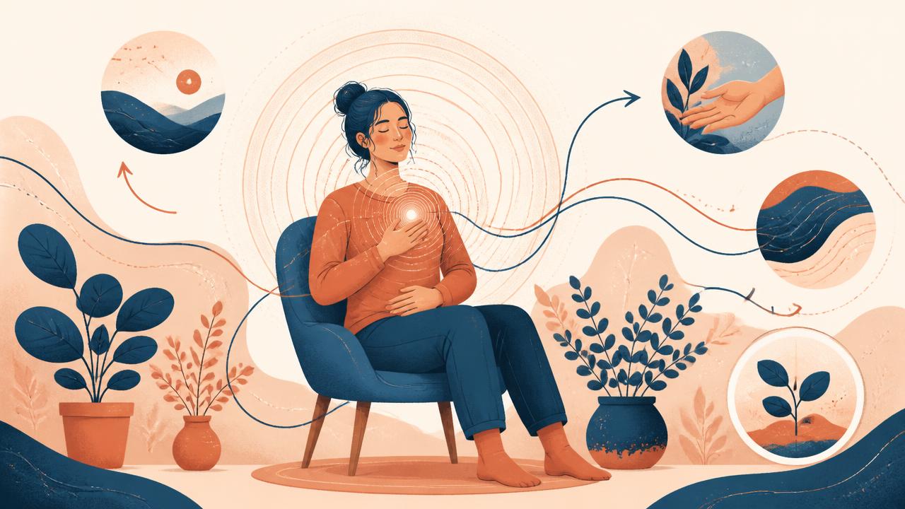 Persona seduta in poltrona con la mano sul petto che respira lentamente, illustrazione sugli attacchi di panico