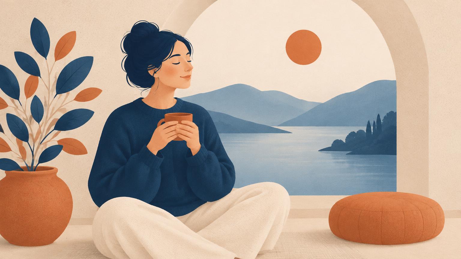 Illustrazione editoriale di una donna seduta in pace con una tazza in mano, davanti a un arco su colline blu polvere, sulla bassa autostima nelle relazioni