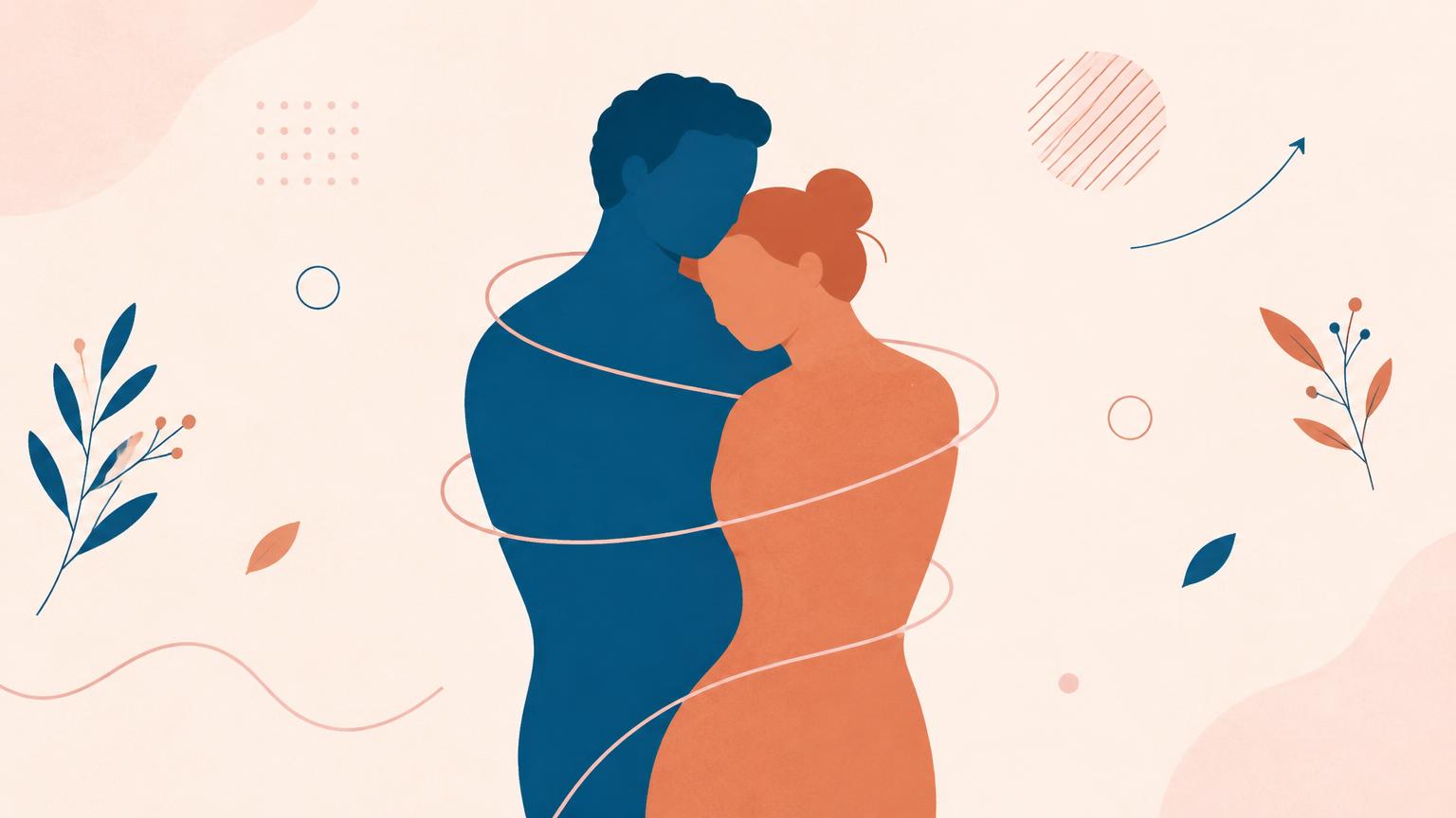 Illustrazione editoriale di due figure stilizzate molto vicine i cui contorni si fondono, sulla dipendenza affettiva