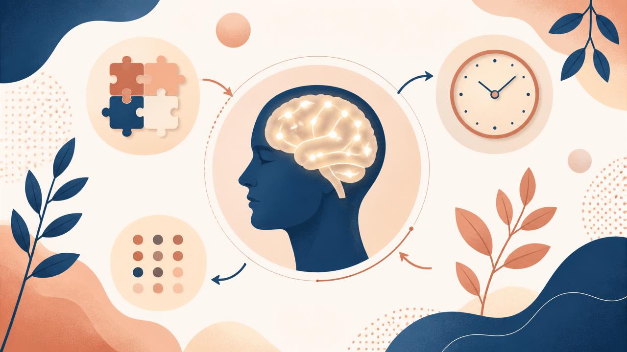 Profilo stilizzato con reti di connessioni cognitive, illustrazione sulla valutazione neuropsicologica