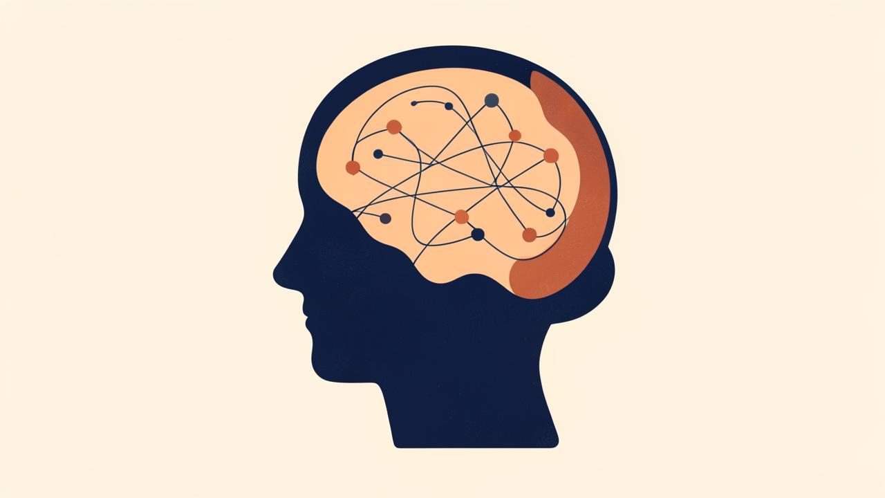 Profilo stilizzato con reti di connessioni cognitive, illustrazione sulla valutazione neuropsicologica