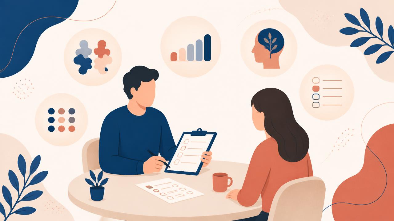 Illustrazione minimale di un questionario clinico con grafici, sui test psicologici e la valutazione diagnostica