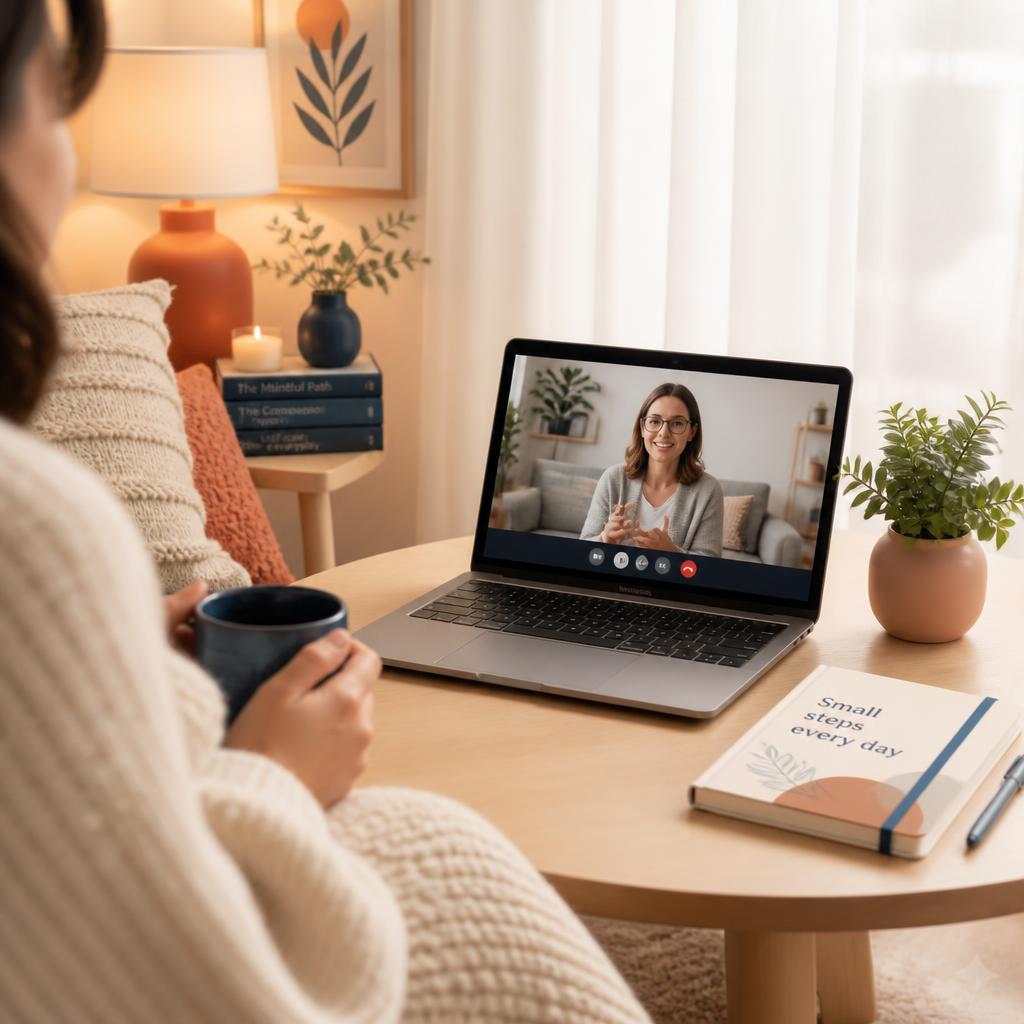 Colloquio di psicoterapia online con psicologa psicoterapeuta, in videochiamata da casa